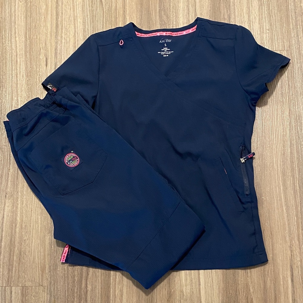 Koi Lite Navy Blue Scrub Set with Pink Accents